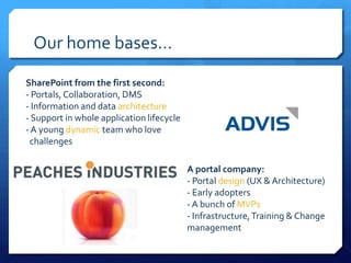 Our home bases…

SharePoint from the first second:
- Portals, Collaboration, DMS
- Information and data architecture
- Support in whole application lifecycle
- A young dynamic team who love
 challenges

                                           A portal company:
                                           - Portal design (UX & Architecture)
                                           - Early adopters
                                           - A bunch of MVPs
                                           - Infrastructure, Training & Change
                                           management
 