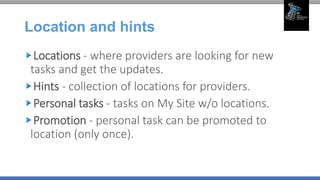 Location and hints
Locations - where providers are looking for new
tasks and get the updates.
Hints - collection of locations for providers.
Personal tasks - tasks on My Site w/o locations.
Promotion - personal task can be promoted to
location (only once).
 