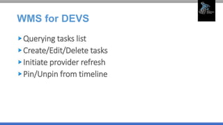 WMS for DEVS
Querying tasks list
Create/Edit/Delete tasks
Initiate provider refresh
Pin/Unpin from timeline
 