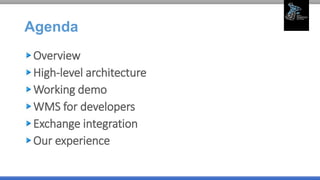 Agenda
Overview
High-level architecture
Working demo
WMS for developers
Exchange integration
Our experience
 