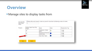 Overview
Manage sites to display tasks from
 