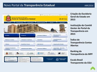 Novo Portal da Transparência Estadual ABR/2016
Criação da Ouvidoria
Geral do Estado em
2015
Instituição do Comitê
Gestor d...
