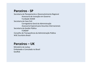 Parceiros - SP
Secretaria de Planejamento e Desenvolvimento Regional
Assessoria de Inovação em Governo
Fundação SEADE
Secretaria da Casa Civil
Corregedoria Geral da Administração
Assessoria Especial para Assuntos Internacionais
Secretaria da Gestão Pública
FUNDAP
Conselho de Transparência da Administração Pública
W3C Escritório Brasil
Parceiros – UK
Ministério da Justiça
Embaixada e Consulado no Brasil
GovRisk
 