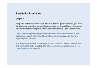 Resultados Esperados
Output 3:
Programa de fomento à utilização de dados abertos governamentais, por meio
da criação de aplicativos para melhoramento de serviços públicos e promoção
de oportunidades de negócios, tendo como referência o Open Data Institute.
Open Data management programme created to foster development of new
applications (apps), which should provide new business opportunities and
improve public services.
The programme will use outcomes of outputs 1 and 2 to feed in the structure
and main sector to be targeted. The UK benchmark used as reference is The
Open Data Institute. (Year 2).
 