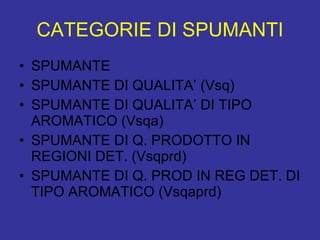 CATEGORIE DI SPUMANTI SPUMANTE SPUMANTE DI QUALITA’ (Vsq) SPUMANTE DI QUALITA’ DI TIPO AROMATICO (Vsqa) SPUMANTE DI Q. PRODOTTO IN REGIONI DET. (Vsqprd) SPUMANTE DI Q. PROD IN REG DET. DI TIPO AROMATICO (Vsqaprd) 
