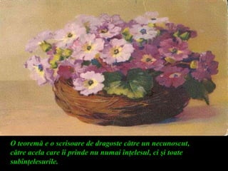 O teoremă e o scrisoare de dragoste către un necunoscut,
către acela care îi prinde nu numai înţelesul, ci şi toate
subînţelesurile.
 