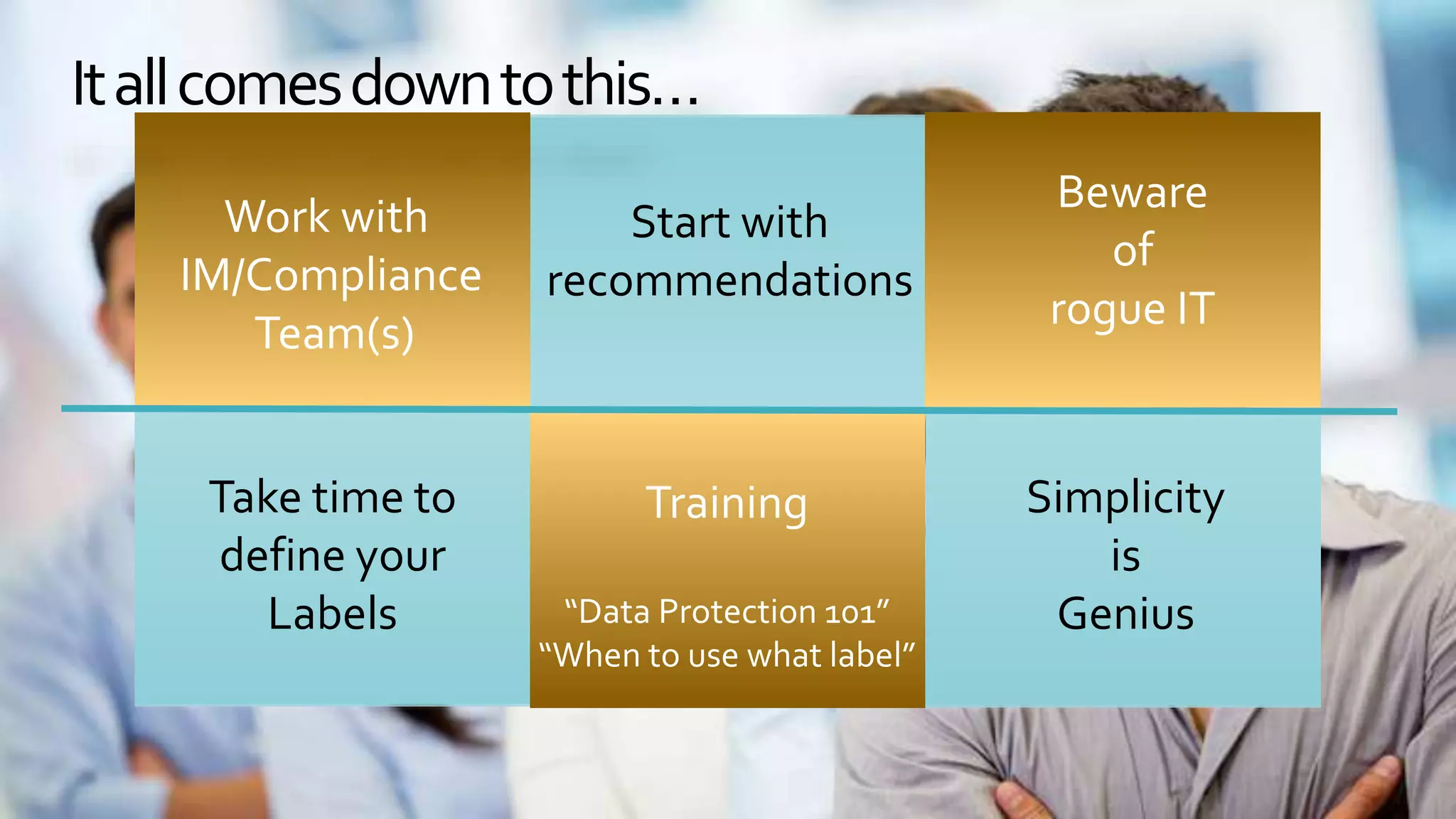 Start with
recommendations
Training
“Data Protection 101”
“When to use what label”
Beware
of
rogue IT
Take time to
define your
Labels
Simplicity
is
Genius
Work with
IM/Compliance
Team(s)
Itallcomesdowntothis…
 