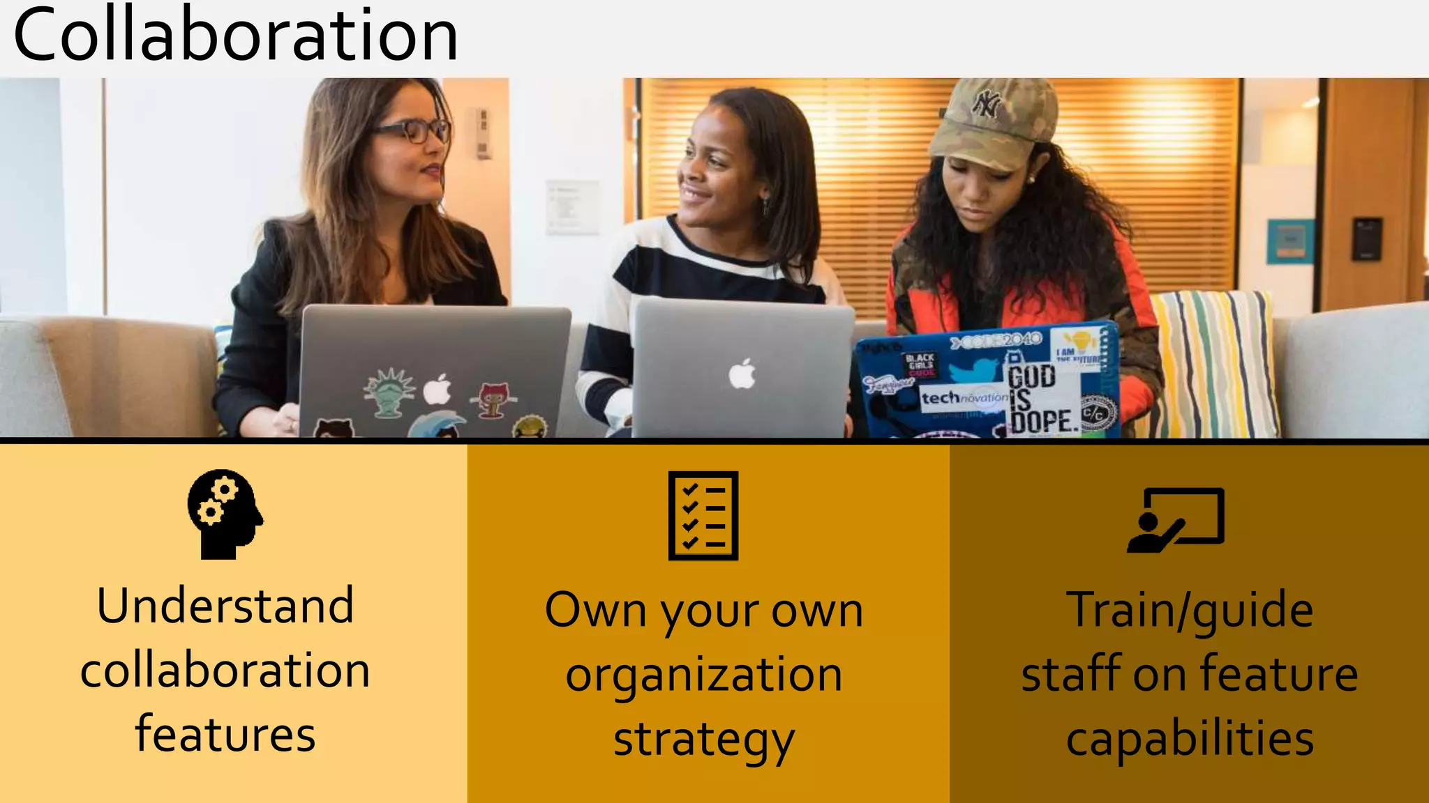 Understand
collaboration
features
Own your own
organization
strategy
Train/guide
staff on feature
capabilities
Collaboration
 