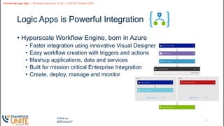 6
Slide
6
Introducing Logic Apps | Penelope Coventry | 17:25 – 17:45 25th October 2017
Follow us:
#SPUnite17
Logic Apps is Powerful Integration
• Hyperscale Workflow Engine, born in Azure
• Faster integration using innovative Visual Designer
• Easy workflow creation with triggers and actions
• Mashup applications, data and services
• Built for mission critical Enterprise Integration
• Create, deploy, manage and monitor
 