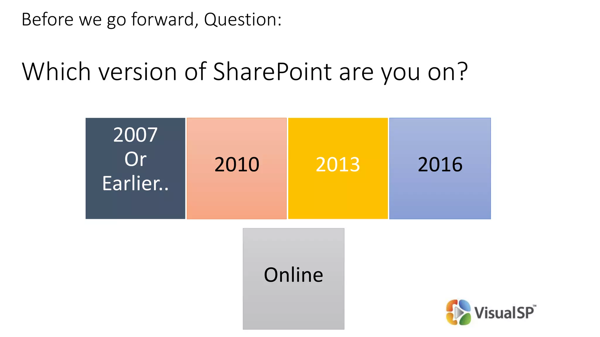Before we go forward, Question:
Which version of SharePoint are you on?
2010 20162013
Online
 