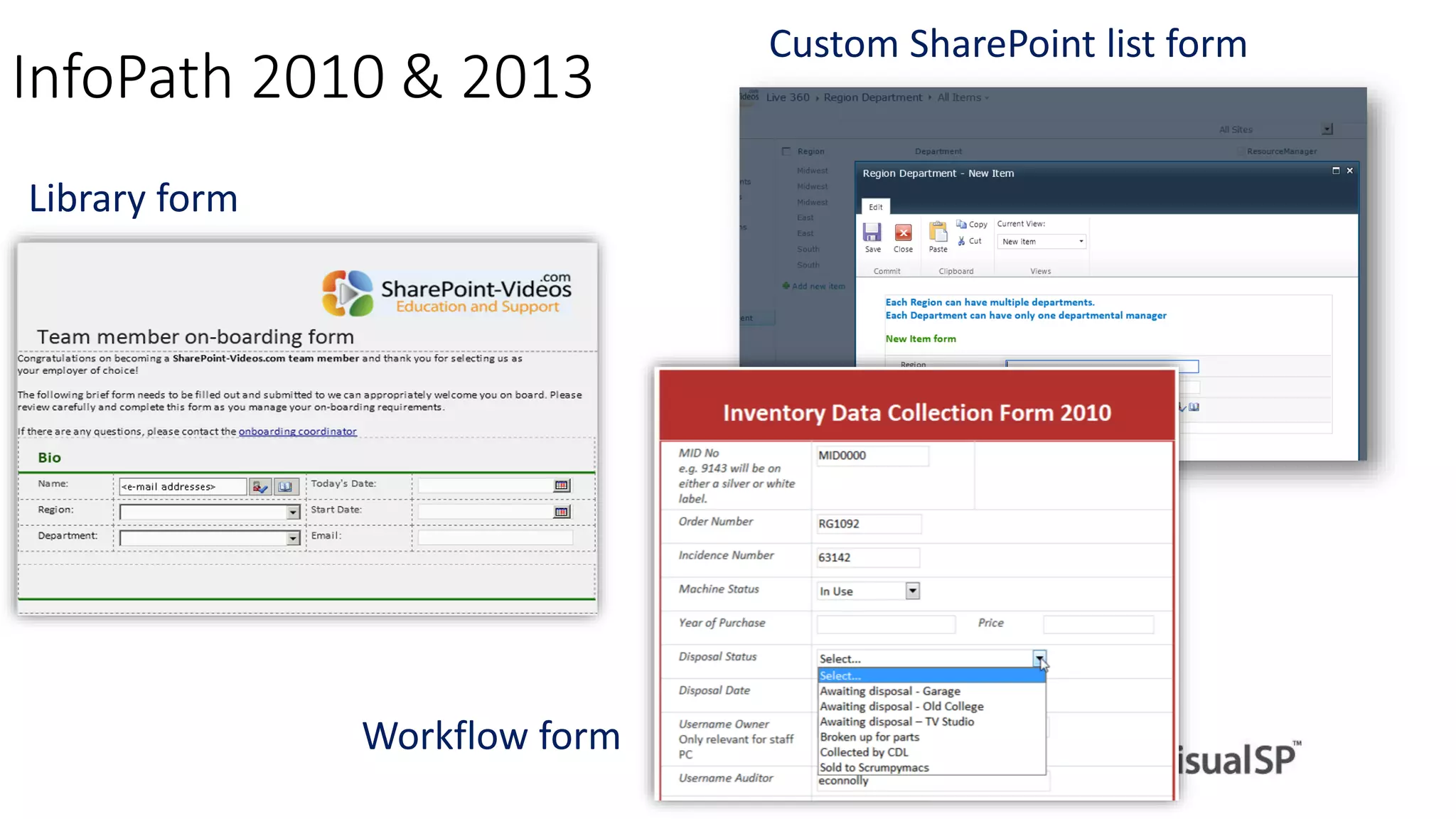 Library form
InfoPath 2010 & 2013
Custom SharePoint list form
Workflow form
 