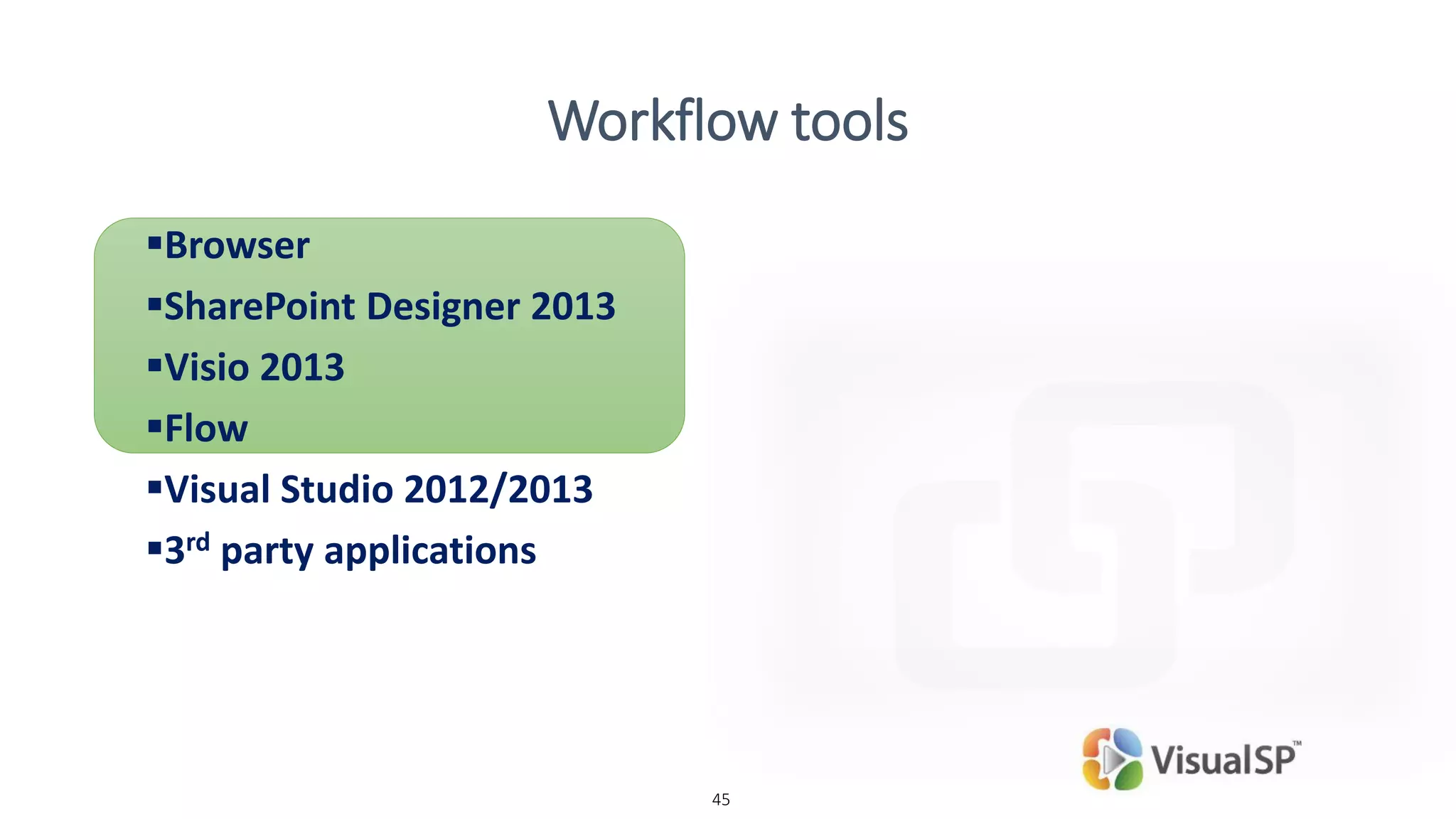 45
Workflow tools
▪Browser
▪SharePoint Designer 2013
▪Visio 2013
▪Flow
▪Visual Studio 2012/2013
▪3rd party applications
 