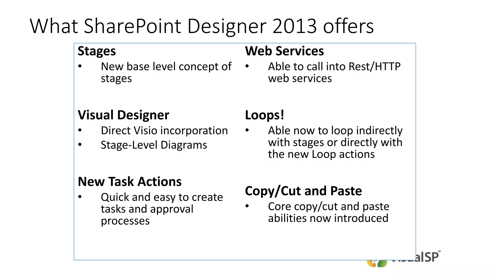 What SharePoint Designer 2013 offers
Stages
• New base level concept of
stages
Visual Designer
• Direct Visio incorporation
• Stage-Level Diagrams
New Task Actions
• Quick and easy to create
tasks and approval
processes
Web Services
• Able to call into Rest/HTTP
web services
Loops!
• Able now to loop indirectly
with stages or directly with
the new Loop actions
Copy/Cut and Paste
• Core copy/cut and paste
abilities now introduced
 