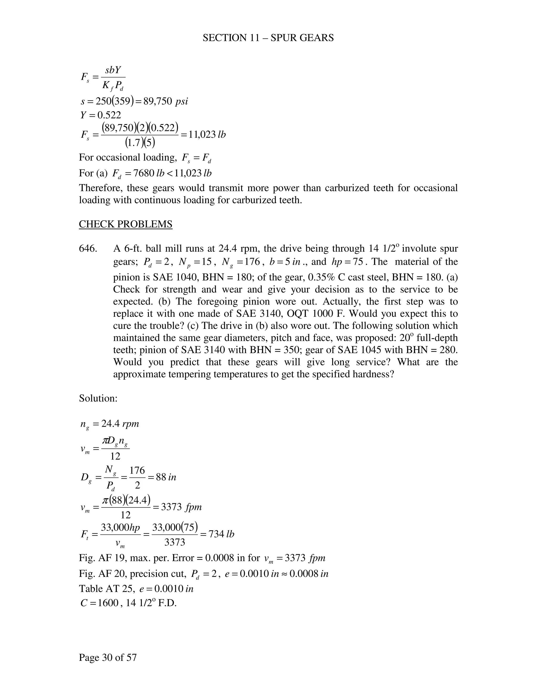 SECTION 11 – SPUR GEARS
Page 30 of 57
df
s
PK
sbY
F =
( ) psis 750,89359250 ==
522.0=Y
( )( )( )
( )( )
lbFs 023,11
57.1
522.02750,89
==
For occasional loading, ds FF =
For (a) lblbFd 023,117680 <=
Therefore, these gears would transmit more power than carburized teeth for occasional
loading with continuous loading for carburized teeth.
CHECK PROBLEMS
646. A 6-ft. ball mill runs at 24.4 rpm, the drive being through 14 1/2o
involute spur
gears; 2=dP , 15=pN , 176=gN , inb 5= ., and 75=hp . The material of the
pinion is SAE 1040, BHN = 180; of the gear, 0.35% C cast steel, BHN = 180. (a)
Check for strength and wear and give your decision as to the service to be
expected. (b) The foregoing pinion wore out. Actually, the first step was to
replace it with one made of SAE 3140, OQT 1000 F. Would you expect this to
cure the trouble? (c) The drive in (b) also wore out. The following solution which
maintained the same gear diameters, pitch and face, was proposed: 20o
full-depth
teeth; pinion of SAE 3140 with BHN = 350; gear of SAE 1045 with BHN = 280.
Would you predict that these gears will give long service? What are the
approximate tempering temperatures to get the specified hardness?
Solution:
rpmng 4.24=
12
gg
m
nD
v
π
=
in
P
N
D
d
g
g 88
2
176
===
( )( ) fpmvm 3373
12
4.2488
==
π
( ) lb
v
hp
F
m
t 734
3373
75000,33000,33
===
Fig. AF 19, max. per. Error = 0.0008 in for fpmvm 3373=
Fig. AF 20, precision cut, 2=dP , inine 0008.00010.0 ≈=
Table AT 25, ine 0010.0=
1600=C , 14 1/2o
F.D.
 