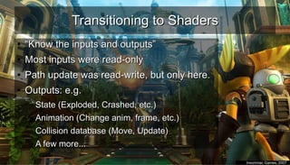 Transitioning to ShadersTransitioning to Shaders
●
““Know the inputs and outputs”Know the inputs and outputs”
●
Most inputs were read-onlyMost inputs were read-only
●
Path update was read-write, but only here.Path update was read-write, but only here.
●
Outputs: e.g.Outputs: e.g.
– State (Exploded, Crashed, etc.)State (Exploded, Crashed, etc.)
– Animation (Change anim, frame, etc.)Animation (Change anim, frame, etc.)
– Collision database (Move, Update)Collision database (Move, Update)
– A few more...A few more...
●
Insomniac Games, 2007Insomniac Games, 2007
 