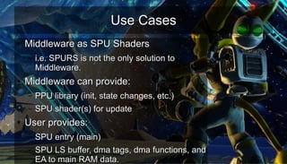 Use CasesUse Cases
●
Middleware as SPU ShadersMiddleware as SPU Shaders
– i.e. SPURS is not the only solution toi.e. SPURS is not the only solution to
Middleware.Middleware.
●
Middleware can provide:Middleware can provide:
– PPU library (init, state changes, etc.)PPU library (init, state changes, etc.)
– SPU shader(s) for updateSPU shader(s) for update
●
User provides:User provides:
– SPU entry (main)SPU entry (main)
– SPU LS buffer, dma tags, dma functions, andSPU LS buffer, dma tags, dma functions, and
EA to main RAM data.EA to main RAM data.
 