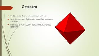 Octaedro
 De 12 aristas, 8 caras triangulares, 6 vértices.
 Es el aire, es como 2 pirámides invertidas, unidas en
sus bases.
 Simboliza la PERFECCIÓN DE LA MATERIA POR EL
ESPÍRITU.
 