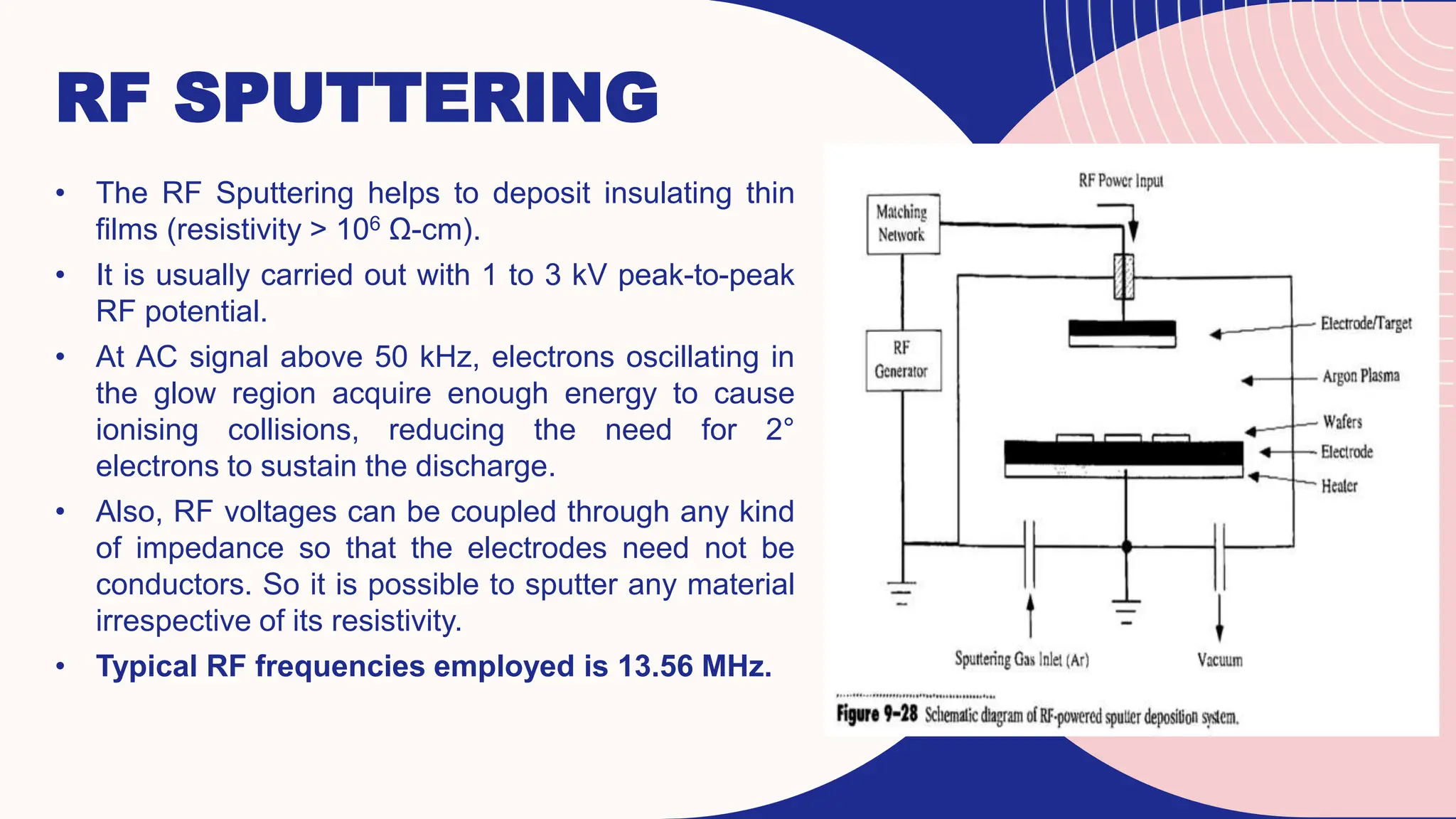 RF SPUTTERING
• The RF Sputtering helps to deposit insulating thin
films (resistivity > 106 Ω-cm).
• It is usually carried out with 1 to 3 kV peak-to-peak
RF potential.
• At AC signal above 50 kHz, electrons oscillating in
the glow region acquire enough energy to cause
ionising collisions, reducing the need for 2°
electrons to sustain the discharge.
• Also, RF voltages can be coupled through any kind
of impedance so that the electrodes need not be
conductors. So it is possible to sputter any material
irrespective of its resistivity.
• Typical RF frequencies employed is 13.56 MHz.
 