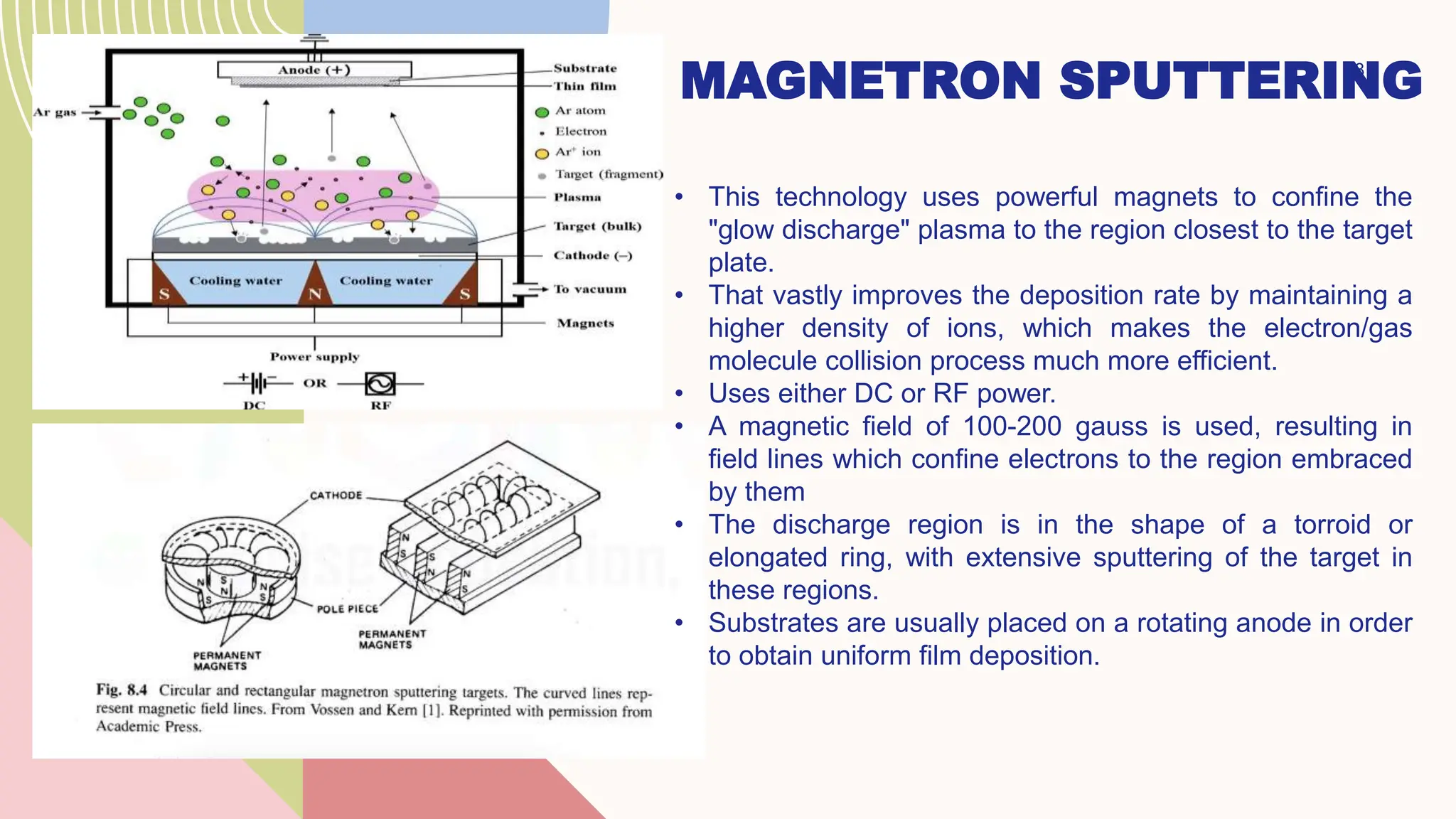 MAGNETRON SPUTTERING
8
• This technology uses powerful magnets to confine the
"glow discharge" plasma to the region closest to the target
plate.
• That vastly improves the deposition rate by maintaining a
higher density of ions, which makes the electron/gas
molecule collision process much more efficient.
• Uses either DC or RF power.
• A magnetic field of 100-200 gauss is used, resulting in
field lines which confine electrons to the region embraced
by them
• The discharge region is in the shape of a torroid or
elongated ring, with extensive sputtering of the target in
these regions.
• Substrates are usually placed on a rotating anode in order
to obtain uniform film deposition.
 