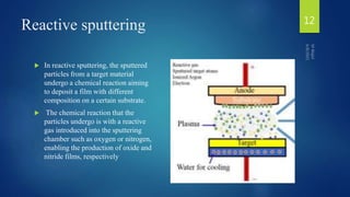 Reactive sputtering
 In reactive sputtering, the sputtered
particles from a target material
undergo a chemical reaction aiming
to deposit a film with different
composition on a certain substrate.
 The chemical reaction that the
particles undergo is with a reactive
gas introduced into the sputtering
chamber such as oxygen or nitrogen,
enabling the production of oxide and
nitride films, respectively
12
 