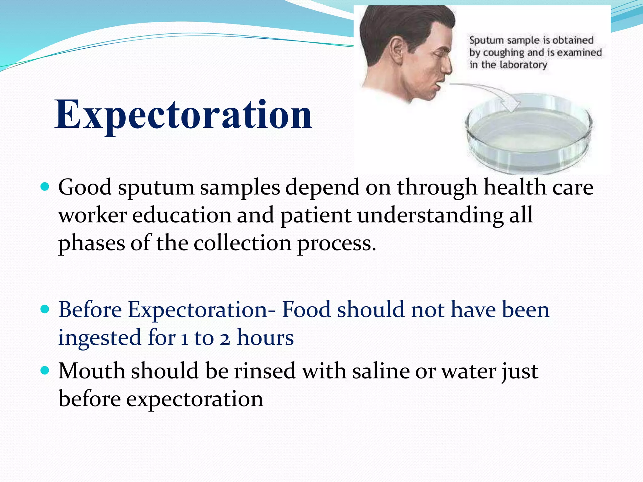 Expectoration
 Good sputum samples depend on through health care
worker education and patient understanding all
phases of the collection process.
 Before Expectoration- Food should not have been
ingested for 1 to 2 hours
 Mouth should be rinsed with saline or water just
before expectoration
 