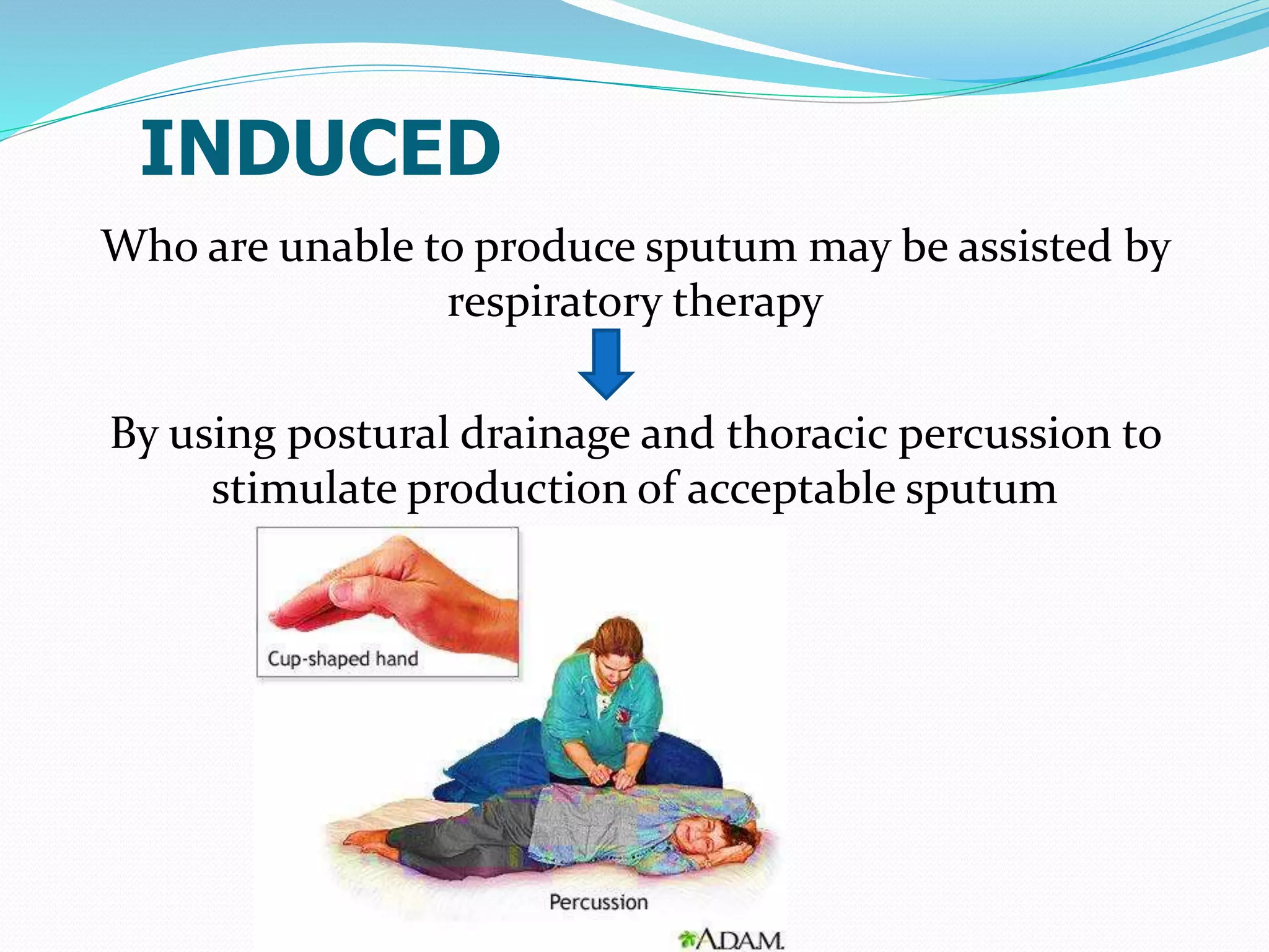 INDUCED
Who are unable to produce sputum may be assisted by
respiratory therapy
By using postural drainage and thoracic percussion to
stimulate production of acceptable sputum
 