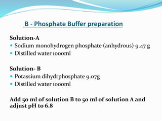 B - Phosphate Buffer preparation
Solution-A
 Sodium monohydrogen phosphate (anhydrous) 9.47 g
 Distilled water 1000ml
Solution- B
 Potassium dihydrphosphate 9.07g
 Distilled water 1000ml
Add 50 ml of solution B to 50 ml of solution A and
adjust pH to 6.8
 