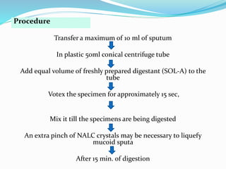 Procedure
Transfer a maximum of 10 ml of sputum
In plastic 50ml conical centrifuge tube
Add equal volume of freshly prepared digestant (SOL-A) to the
tube
Votex the specimen for approximately 15 sec,
Mix it till the specimens are being digested
An extra pinch of NALC crystals may be necessary to liquefy
mucoid sputa
After 15 min. of digestion
 