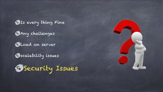 Is every thing Fine
Any challenges
Load on server
scalability issues
Security Issues
 