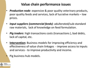 Value chain performance issues
• Production node: expensive & poor quality veterinary products,
poor quality feeds and services, lack of lucrative markets – low
prices.
• Input suppliers (commercial feeds): adulterated/sub-standard
raw materials, lack of knowledge on feed formulation.
• Pig traders: high transactions costs (transactions ), bad debts,
lack of capital, etc.
• Intervention: Business models for improving efficiency and
effectiveness of value chain linkages - improve access to inputs
and services - to improve productivity and income.
• Pig business hub models.
 