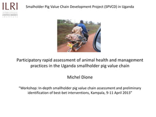 Smalholder Pig Value Chain Development Project (SPVCD) in Uganda
Participatory rapid assessment of animal health and management
practices in the Uganda smallholder pig value chain
Michel Dione
“Workshop: In-depth smallholder pig value chain assessment and preliminary
identification of best-bet interventions, Kampala, 9-11 April 2013”
 