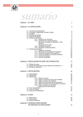 4
sumario
4
Capítulo 1. EL AIRE			 5
Capítulo 2. LA VENTILACIÓN		 6	
	
	 2.1 Funciones de la Ventilación 	 6
	 2.2 Conceptos y Magnitudes: Caudal y Presión	 6
	 2.3 Unidades			 7
	 2.4 Aparatos de Medida		 8
	 2.5 Tipos de Ventilación 		 9
	 2.6 Ventilación Ambiental 		 9
			 2.6.1. Ventilación de Viviendas 	 9	
			 2.6.2. Ventilación de Locales Terciarios 	 11	
		2.6.2. 	 Demanda Controlada de Ventilación - DCV 	 12
			 2.6.2. Filtración 	 15	
			 2.6.2. Recuperación de Calor 	 15
			 2.6.3. Ventilación Industrial	 17
			 2.6.4. Ventilación de Aparcamientos 	 19
	 2.7 Ventilación Localizada		 24
			 2.7.1. Captación Localizada	 24
			 2.7.2. Elementos de una Captación localizada	 24
			 2.7.3. Principios de diseño de la captación	 26
			 2.7.4. Casos de Ventilación Industrial Localizada 	 28	
			 2.7.5. Cocinas Domésticas	 29
			 2.7.6. Cocinas Industriales	 30
Capítulo 3. CIRCULACIÓN DE AIRE POR CONDUCTOS	33
		
	 3.1 Pérdida de carga		 33
	 3.2 Cálculo de la pérdida de carga. Método del coeficiente «n» 	 34
	 3.3 Ejemplo de aplicación		 38
Capítulo 4. VENTILADORES		 39
	
	 4.1 Generalidades		 39
	 4.2 Definiciones		 39
	 4.3 Clasificación		 39
			 4.3.1. Según su función 	 39	
			 4.3.2. Según la trayectoria del aire del ventilador	 40
			 4.3.3. Según la presión del ventilador	 40
			 4.3.4. Según las condiciones del funcionamiento 	 41	
			 4.3.5. Según el sistema de accionamiento de la hélice	 41
			 4.3.6. Según el método de control de
			 las prestaciones del ventilador	 41	
	 4.4 Curva característica		 42
	 4.5 Punto de Trabajo		 44
	 4.6 Leyes de los Ventiladores	 45
Capítulo 5. RUIDO			 46
	
	 5.1 Nivel Sonoro		 46
	 5.2 Silenciadores		 48
	 5.3 Ruidos mecánicos		 49
Capítulo 6. PROCESO PARA DECIDIR
	 UN SISTEMA DE VENTILACIÓN	50
 