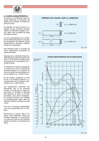 4242
4.4 CURVA CARACTERÍSTICA
El ensayo de ventiladores tiene por
objeto determinar la capacidad del
aparato para transferir la potencia al
aire que mueve.
El ventilador se hace funcionar a un
régimen de giro constante, tomando
valores de diferentes caudales movi-
dos, según sea la pérdida de carga
que debe vencerse.
La curva característica de un ventila-
dor se obtiene dibujando en unos ejes
de coordenadas los distintos valores
caudal-presión, obtenidos mediante
ensayo en un laboratorio.
Para entender mejor el concepto de
curva característica pondremos el
siguiente ejemplo
Supongamos un ventilador tubular tra-
bajando según indica la posición a) de
la fig. 4.18. Al medir el caudal de aire
que proporciona, encontramos Q1 =
10.000 m3/hora.
Si repetimos el ensayo empalmando
un conducto de 10 m por el lado de
admisión (posición b) y medimos de
nuevo el caudal, nos encontramos con
que ha bajado a Q2 = 8.000 m3/hora.
En otro ensayo, acoplamos un tubo
de 50 m de longitud (posición c), y
comprobamos que el caudal ha des-
cendido a Q3 = 5.000 m3/hora.
Las experiencias anteriores nos
demuestran que no es suficiente
conocer el caudal que es capaz de
suministrar un ventilador a descarga
libre (posición a), esto es, sin obs-
trucciones, para poder catalogarlo.
Es necesario conocer qué caudales
irá proporcionando según sean las
distintas pérdidas de carga que deba
vencer.
En la fig. 4.19 tenemos representada
una curva característica de un venti-
lador.
Observemos en primer lugar en la
figura curvas diferentes. Cada una
de éllas representa un valor distinto
y su lectura se hace en las diferentes
escalas que están a la izquierda de la
figura.
10 m
b
50 m
c
a
Q1 = 10.000 m3/h
Q1 = 8.000 m3/h
Q1 = 5.000 m3/h
Fig. 4.18
PÉRDIDA DE CAUDAL CON LA LONGITUD
Fig. 4.19
CURVA CARACTERÍSTICA DE UN VENTILADOR
14
13
12
11
10
9
8
7
6
5
4
3
2
1
0
	0	 500	 1000	1500	2000	2500	3000	3500	4000	4500
60%
50
40
30
20
10
0
180
170
160
150
140
130
120
110
100
90
80
Potencia
absorbidavatios
Presiones P
mm c.d.a.
Rendimientoh
Pe = Pt
R
Pt
Pe
h máx.
h W
Pd
Pd = Pd
Punto de
descarga
libre
W
Puntodetrabajocon
rendimientomáximo
Caudal Q m3/h
 