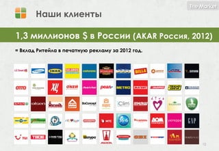 The Market
       Наши клиенты

1,3 миллионов $ в России (AKAR Россия, 2012)
= Вклад Ритейла в печатную рекламу за 2012 год.




                                                      12
 