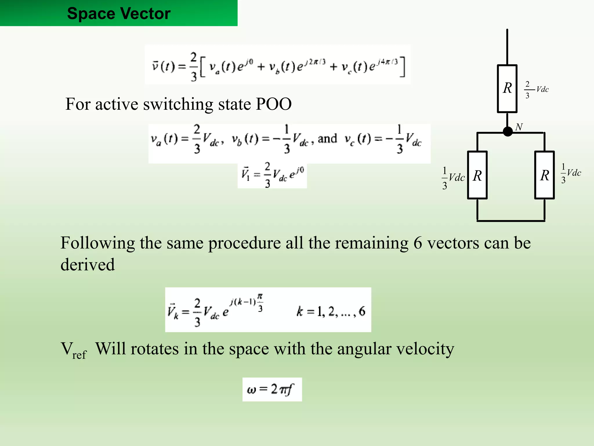 Space Vector
For active switching state POO
Following the same procedure all the remaining 6 vectors can be
derived
Vref Will rotates in the space with the angular velocity
R
R R
N
Vdc
3
2
Vdc
3
1
Vdc
3
1
 