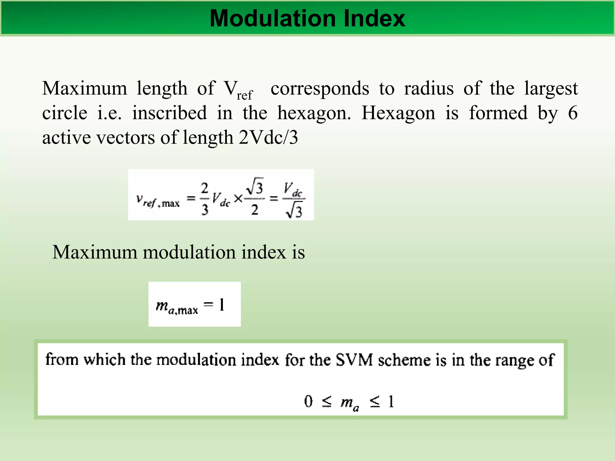 Modulation Index
Maximum length of Vref corresponds to radius of the largest
circle i.e. inscribed in the hexagon. Hexagon is formed by 6
active vectors of length 2Vdc/3
Maximum modulation index is
 