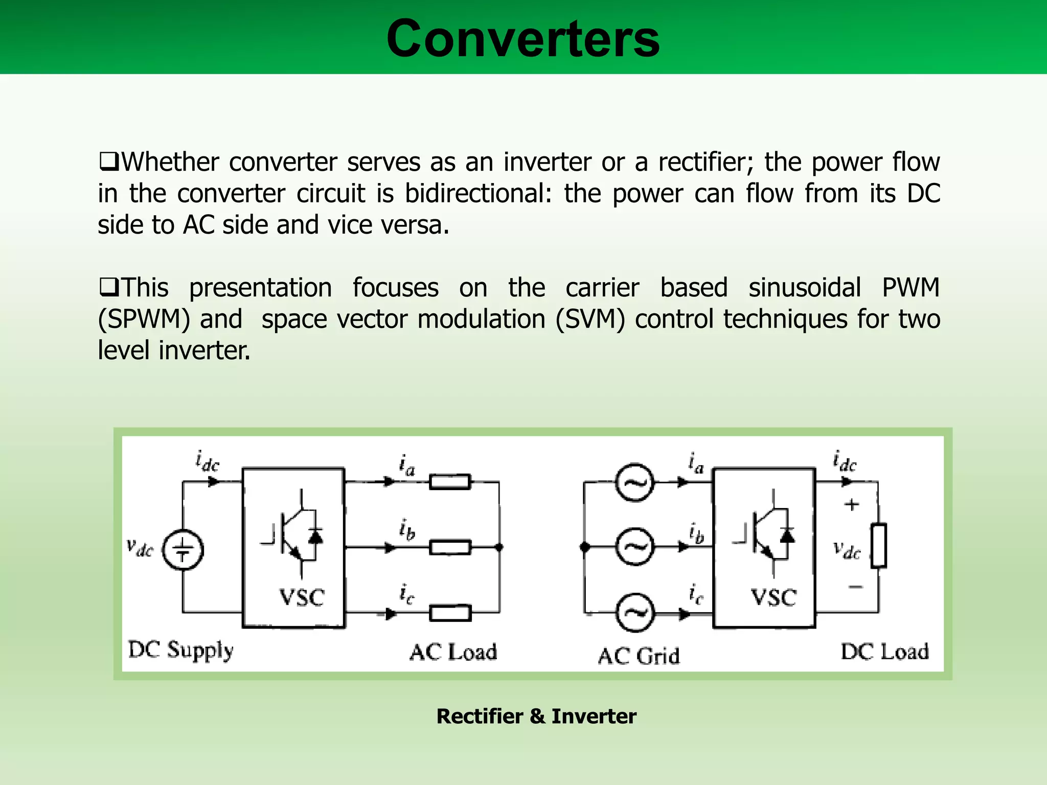 Converters
Whether converter serves as an inverter or a rectifier; the power flow
in the converter circuit is bidirectional: the power can flow from its DC
side to AC side and vice versa.
This presentation focuses on the carrier based sinusoidal PWM
(SPWM) and space vector modulation (SVM) control techniques for two
level inverter.
Rectifier & Inverter
 
