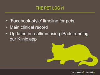 THE PET LOG /1
• ‘Facebook-style’ timeline for pets
• Main clinical record
• Updated in realtime using iPads running
our Klinic app
 