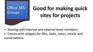 Office 365
Groups
• Sharing with internal and external team members
• Comes with widgets for files, tasks, notes, emails and
conversations
Good for making quick
sites for projects
 