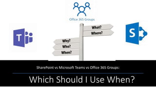 Which Should I Use When?
SharePoint vs Microsoft Teams vs Office 365 Groups:
 