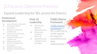 2. Focus on Classroom Practices
PreK-12
Leadership
➢ School and
District
Administrators
➢ Classroom
Teachers
PreK-12
➢ Specialists and
related service
providers
CASEL District
Framework
CASEL District
Framework for
SEL Leadership to
create capacity
for long term
commitment and
deep
implementation
6
Expand Leadership for SEL across the District
Professional
Development
➢ Jessica Minahan (all levels)
➢ Sarah Ward (SPED,
counselors)
➢ Responsive Classroom
(middle level)
➢ Trauma Sensitive Schools
(DT, Parmenter)
➢ A World of Difference™
(middle level)
➢ William James (Oak)
➢ ACCEPT Collaborative
(counselors)
➢ Good Behavior Game
➢ Middlesex Partnership for
Youth
 