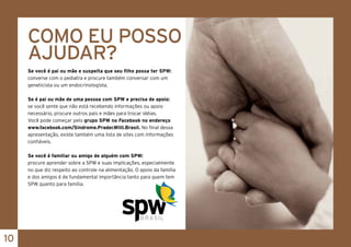 10
COMO EU POSSO
AJUDAR?
Se você é pai ou mãe e suspeita que seu filho possa ter SPW:
converse com o pediatra e procure também conversar com um
geneticista ou um endocrinologista.
Se é pai ou mãe de uma pessoa com SPW e precisa de apoio:
se você sente que não está recebendo informações ou apoio
necessário, procure outros pais e mães para trocar idéias.
Você pode começar pelo grupo SPW no Facebook no endereço
www.facebook.com/Sindrome.Prader.Willi.Brasil. No final dessa
apresentação, existe também uma lista de sites com informações
confiáveis.
Se você é familiar ou amigo de alguém com SPW:
procure aprender sobre a SPW e suas implicações, especialmente
no que diz respeito ao controle na alimentação. O apoio da família
e dos amigos é de fundamental importância tanto para quem tem
SPW quanto para família.
 