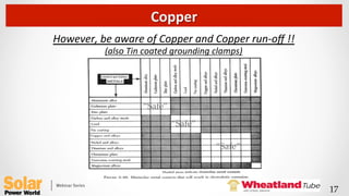 However,	
  be	
  aware	
  of	
  Copper	
  and	
  Copper	
  run-­‐oﬀ	
  !!	
  
(also	
  Tin	
  coated	
  grounding	
  clamps)	
  
“Safe”	
“Safe”	
“Safe”	
Copper	
  
17	
 