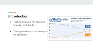 Introduction
● Testing on mobile has became a
priority ( or it should … )
● Testing on mobile is not as easy as
on a Deskt...