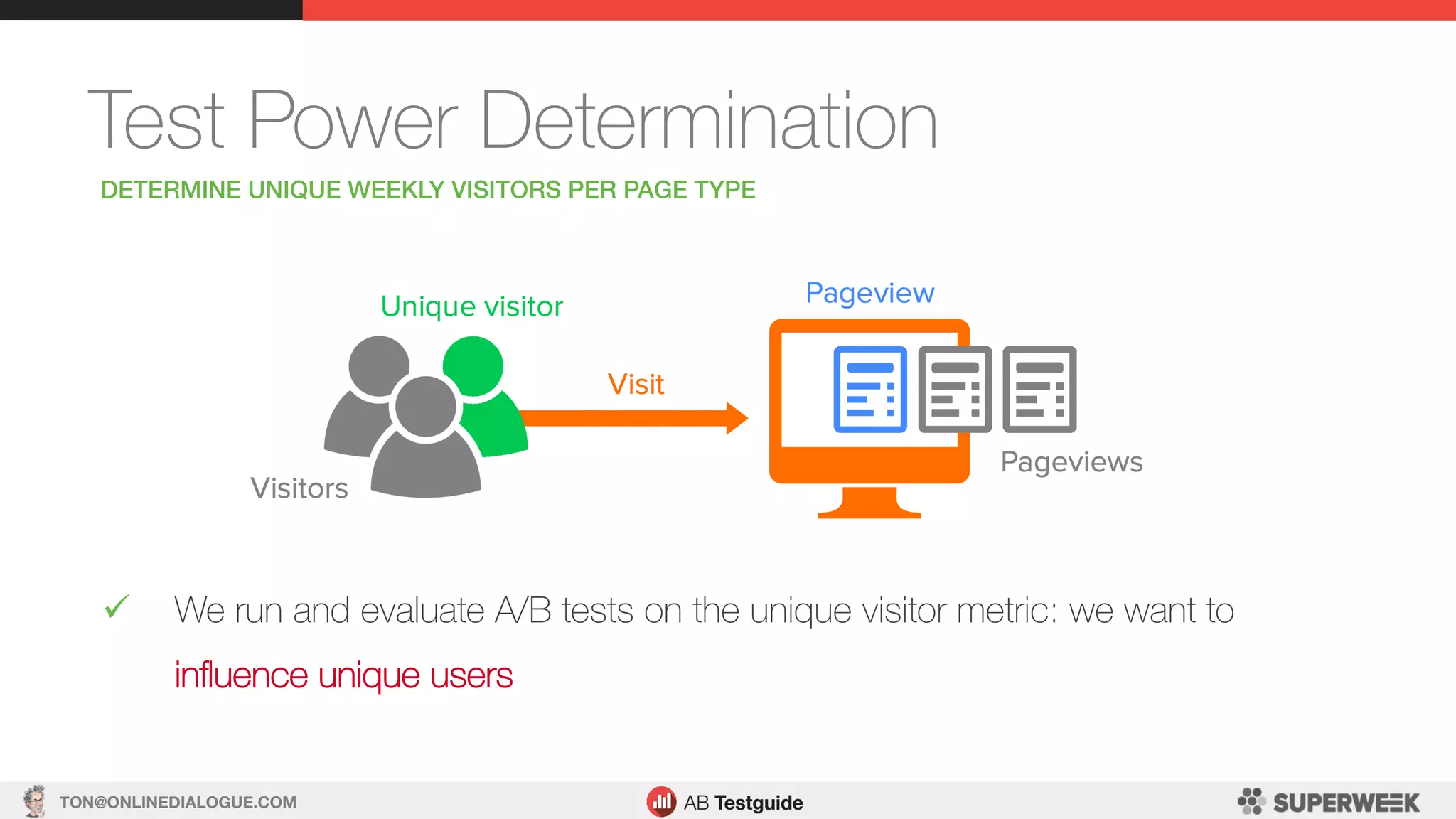 TON@ONLINEDIALOGUE.COM
Test Power Determination
DETERMINE UNIQUE WEEKLY VISITORS PER PAGE TYPE!
ü  We run and evaluate A/B tests on the unique visitor metric: we want to
inﬂuence unique users
 