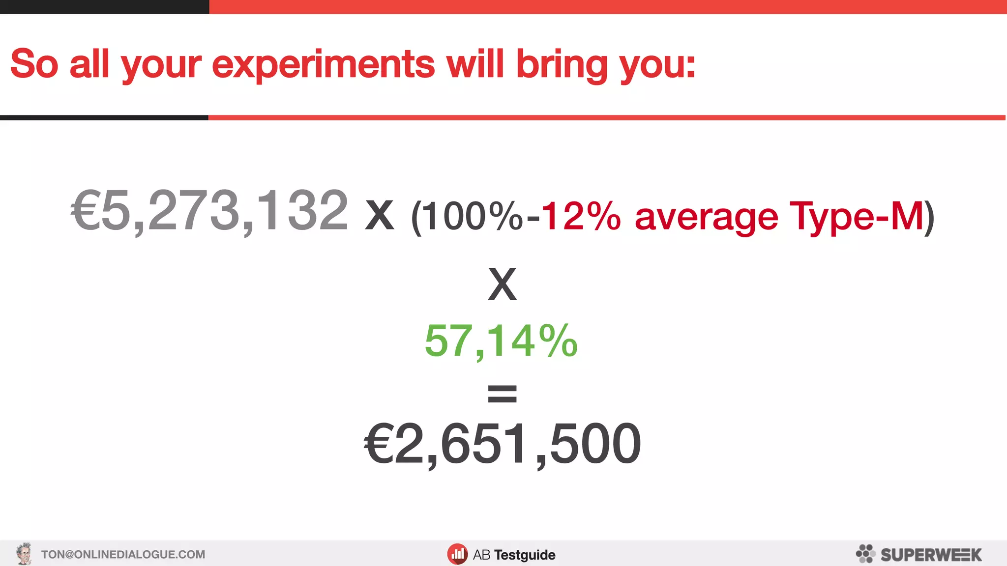 TON@ONLINEDIALOGUE.COM
So all your experiments will bring you:!
€5,273,132 x (100%-12% average Type-M)!
!
X!!
57,14%!
=!
€2,651,500!
 