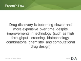 Drug discovery is becoming slower and
more expensive over time, despite
improvements in technology (such as high
throughput screening, biotechnology,
combinatorial chemistry, and computational
drug design)
© 2017 DIA, Inc. All rights reserved.
Eroom’s Law
Page 8
 