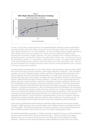 Figure 1
            GER in Higher Education and Achievment in Technology
                       (with a logarithmic trend line)
      0,8




      0,4




      0,0
            0                            20                           40
                                Gross Enrolment Raio



 In sum, it is only those countries that have developed their higher education systems could achieve
economic miracles, and not the others. Among the advanced countries there is no single country,
where higher education was not well expanded. In most developed countries higher education is
fairly democratised, and is accessible to all. In fact, there are significant trends towards
massification of the base of higher education. The gross enrolment ratio in higher education in
advanced countries varies between 20 per cent and as high as 90 per cent. In contrast, in most of
the developing countries, it is restricted to a small fraction of youth. No country could be found
in the group of high-income countries with an enrolment ratio of less than 20 per cent. Thus 20
per cent enrolment ratio in higher education seems to be the critical threshold level for a country
to become economically advanced.

Second important assumption that was also widely held was that developing countries couldn’t fulfill
their goals with respect to primary education, unless higher education is neglected. This assumption
juxtaposes one level of education against another, and leads to fragmented look at education sector.
Such an approach obviously ignored the interdependence of various levels of education: primary
education provides inputs into secondary and higher education and higher education, in turn, provides
teachers, administrators and others for school education. Secondly, it is also ignored that growth in
primary education would contribute to rapid rise in demand for secondary and higher education and
the corresponding need for expansion of secondary and higher education. Further, the governments
seem to be sharing the widely held belief that development of primary education, at best elementary
education, is enough for development; or that is the maximum that can be afforded by the developing
countries. International experience clearly shows this cannot be true. Primary education is necessary
for not only education development, but also social and economic development. At the same time the
experience also demonstrates that primary education is not sufficient for economic growth and a
sustainable development. Societies that have concentrated rather exclusively on primary education
and ignored secondary and higher education could not achieve high levels of economic growth. In
short, it is not adequate for fast economic growth to exclusively concentrate on primary education.

In the context of globalisation and international competition, higher education also becomes critically
important. Higher education cannot wait until primary and secondary education is completely universal
or well expanded. The traditional sequencing of first primary education, then secondary education and
then only higher education may not work any more in the rapidly changing global system.

The third important faulty assumption is: if higher education is important, this can as well be provided by
the private sector and that State need not necessarily provide it. State can withdraw from higher
education and save its resources and private sector can fill the gap in the development of higher
education. But private sector rarely provided good quality education on a large scale in any country.
 