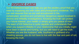  DIVORCE CASES
Our K9 Detective team can help you get the adultery proof that you
need by supplying you with video and photographic evidence. You
can rest assured that we are well accustomed to the
complicated, sensitive and sometimes dangerous aspect involved in
divorce and infidelity investigations. Knowing the truth can protect
your future interest, your health or simply give you peace of mind.
The team of K9 Detective is quite capable and understands that
when you suspect infidelity in your relationship that you initially might
have been in denial and hurting, but you still need to get the truth.
Whether you are the husband, wife, boyfriend or girlfriend of a
cheating spouse, you do not have to live with the fear and pain of not
knowing the truth.
 