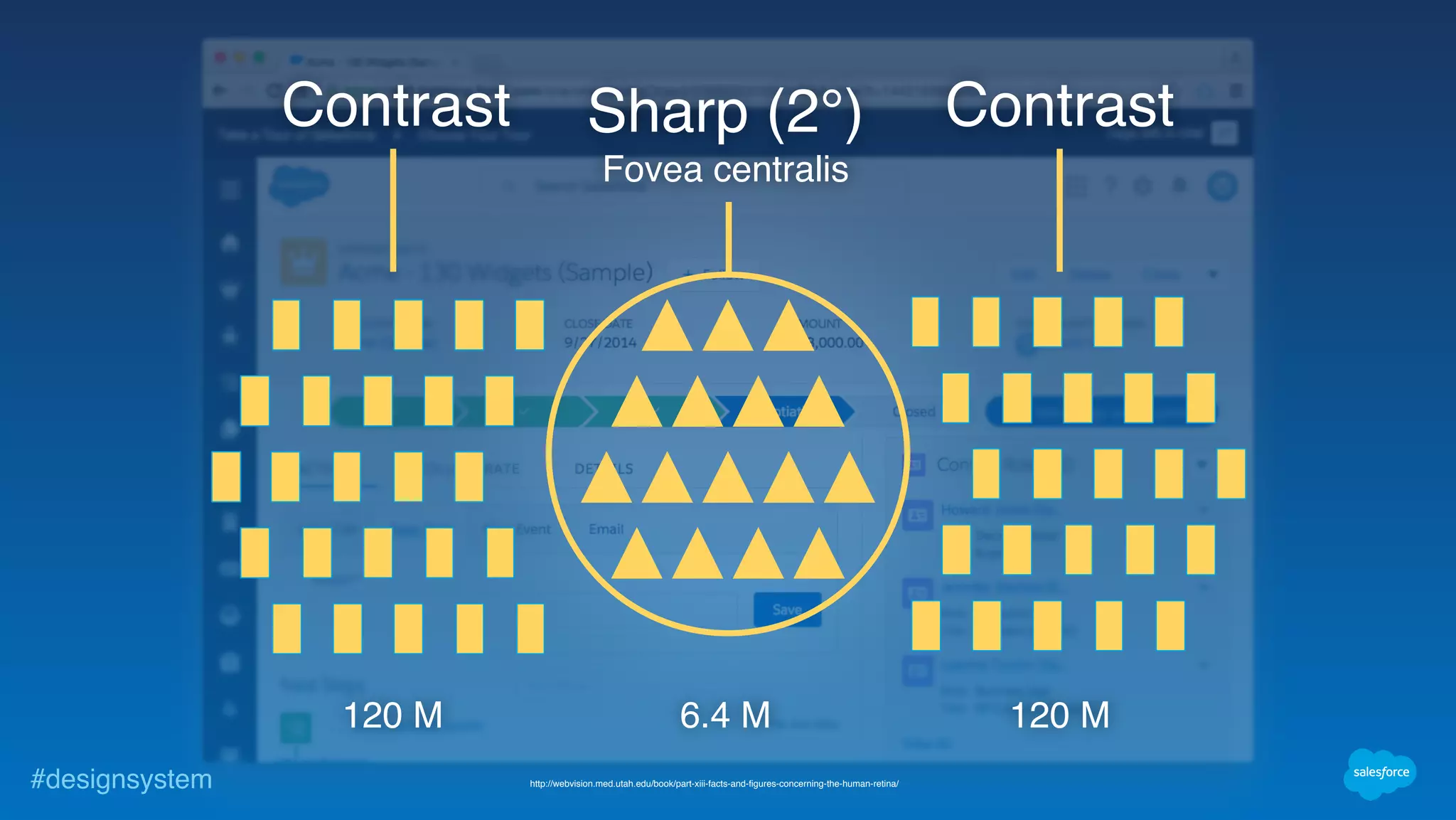#designsystem
Sharp (2°)
Fovea centralis
Contrast Contrast
6.4 M 120 M120 M
http://webvision.med.utah.edu/book/part-xiii-facts-and-figures-concerning-the-human-retina/
 